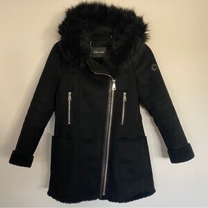 Calvin Klein Black Suede Winter Coat With Faux Fur Trimmed Hood
